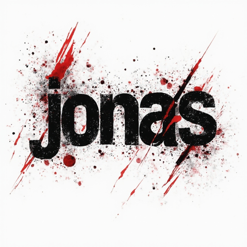 Trash Polka tattoo design where distressed black and red graphic shapes form the name jonas on a white background.