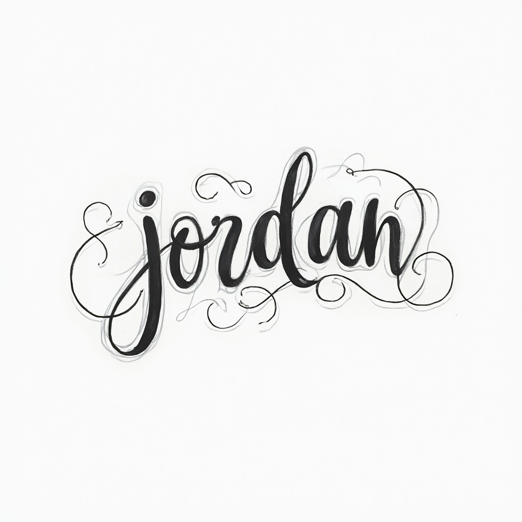 Abstract flowing line tattoo concept where the name jordan is formed by continuous sweeping strokes on a white background.