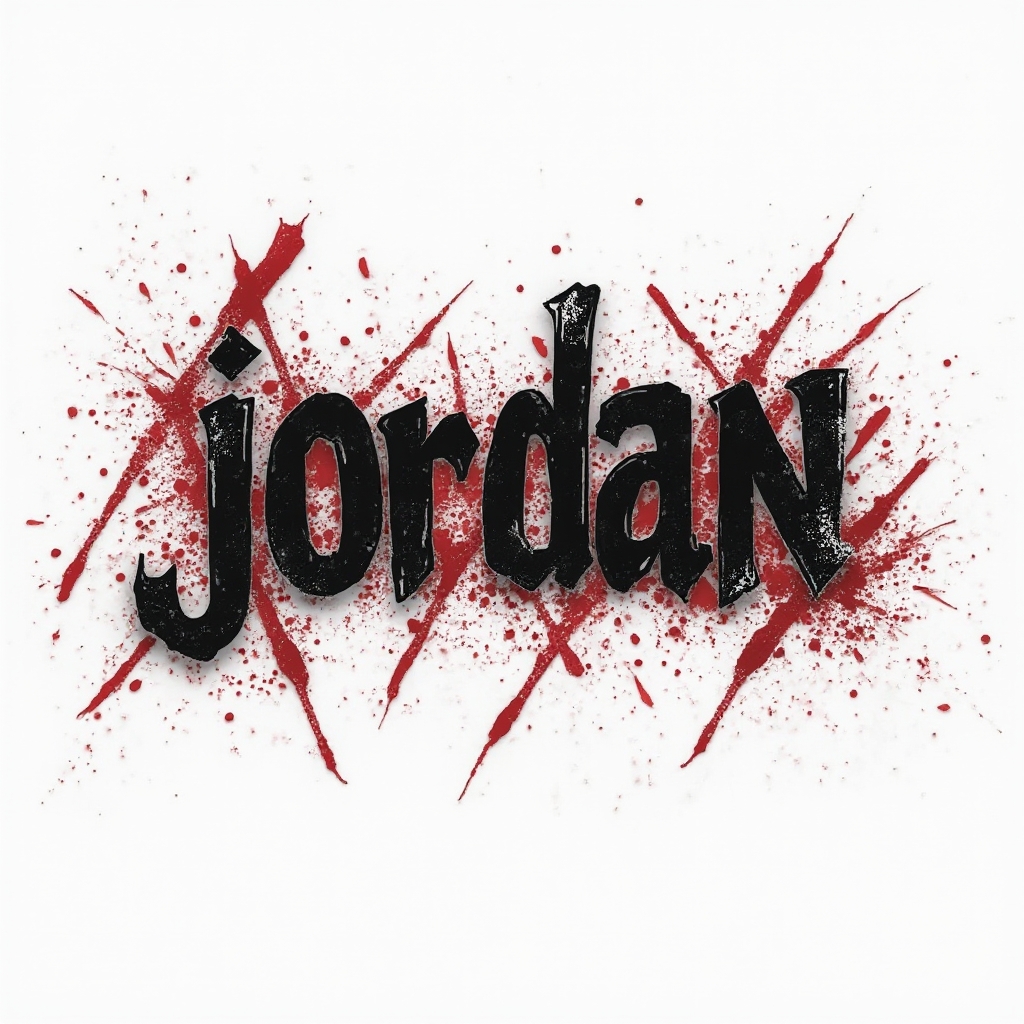 Trash Polka style tattoo concept where the name jordan is built from distressed black lettering with red splashes on a white background.