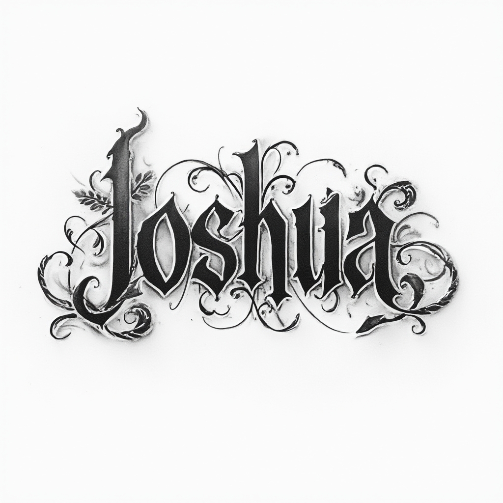 Intricate ornamental black and gray tattoo lettering forming the name joshua on a white background