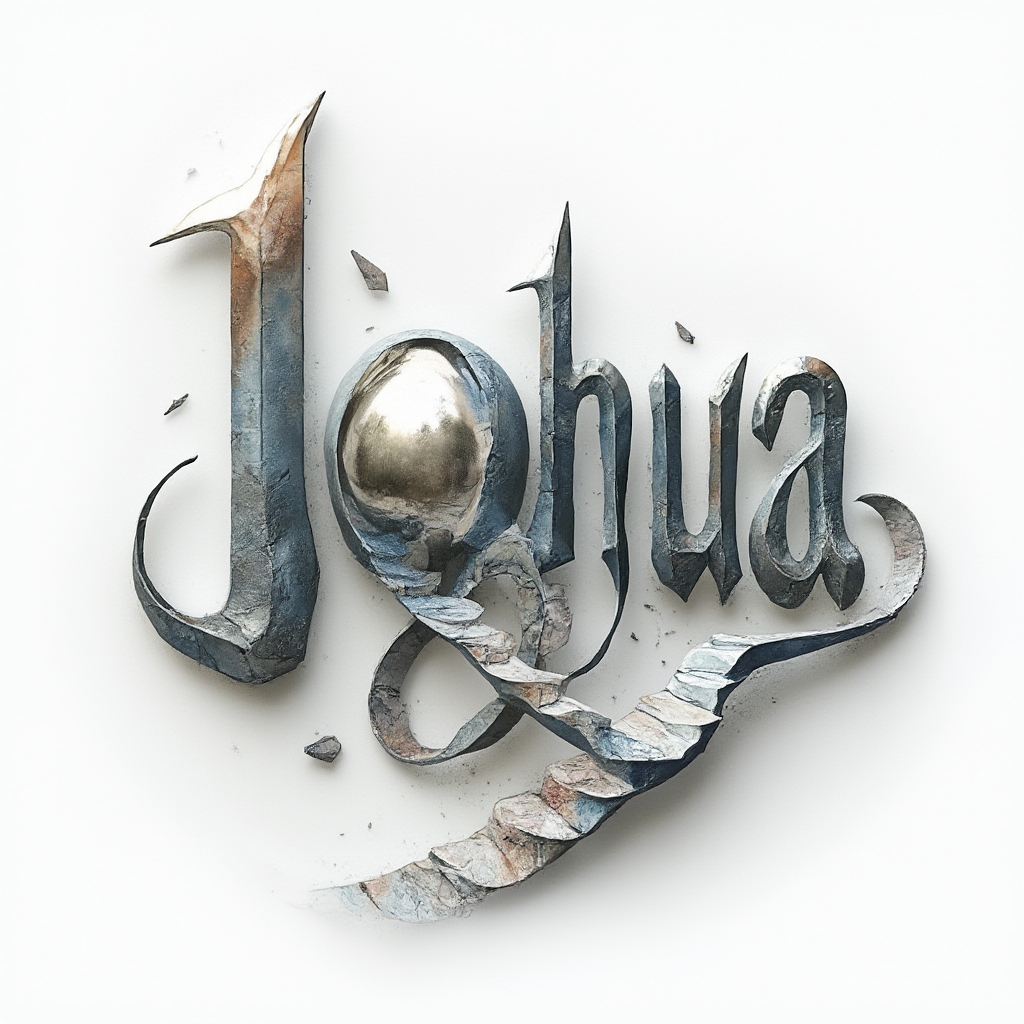 Surreal tattoo style design turning the name joshua into impossible chrome and stone structures on a white background