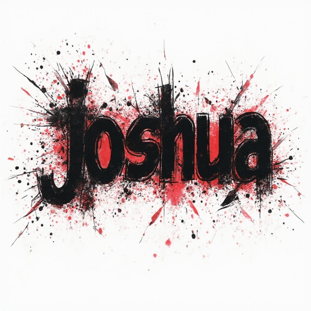 Trash Polka tattoo concept of the name joshua in distressed black script with red splashes on a white background