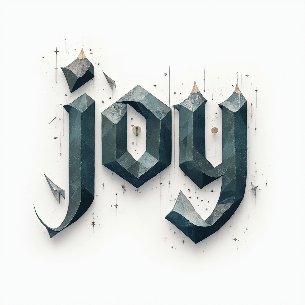 Geometric tattoo concept of the name joy formed from faceted, dimensional polygonal letters on a white background.