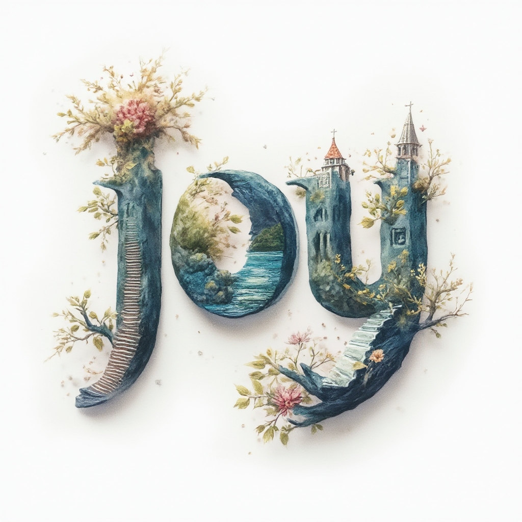 Surrealist dreamscape tattoo concept forming the name joy with imaginative architectural letters on a white background.