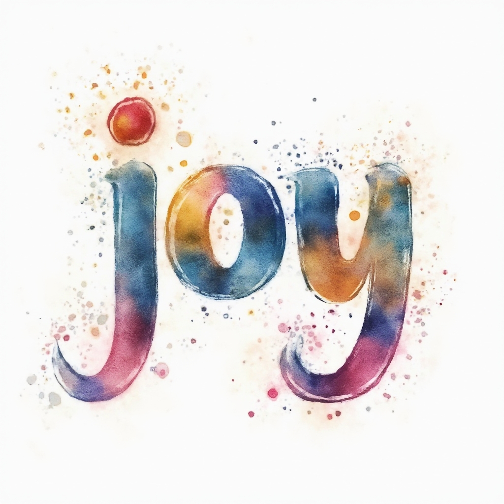 Watercolor tattoo concept of the name joy in fluid, colorful brushstroke lettering on a white background.