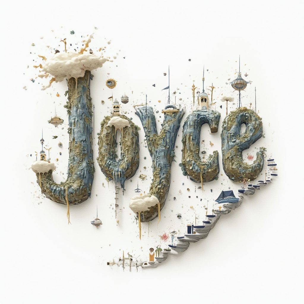 Surreal dreamscape tattoo design where the name joyce is formed from morphing, otherworldly lettering on white background