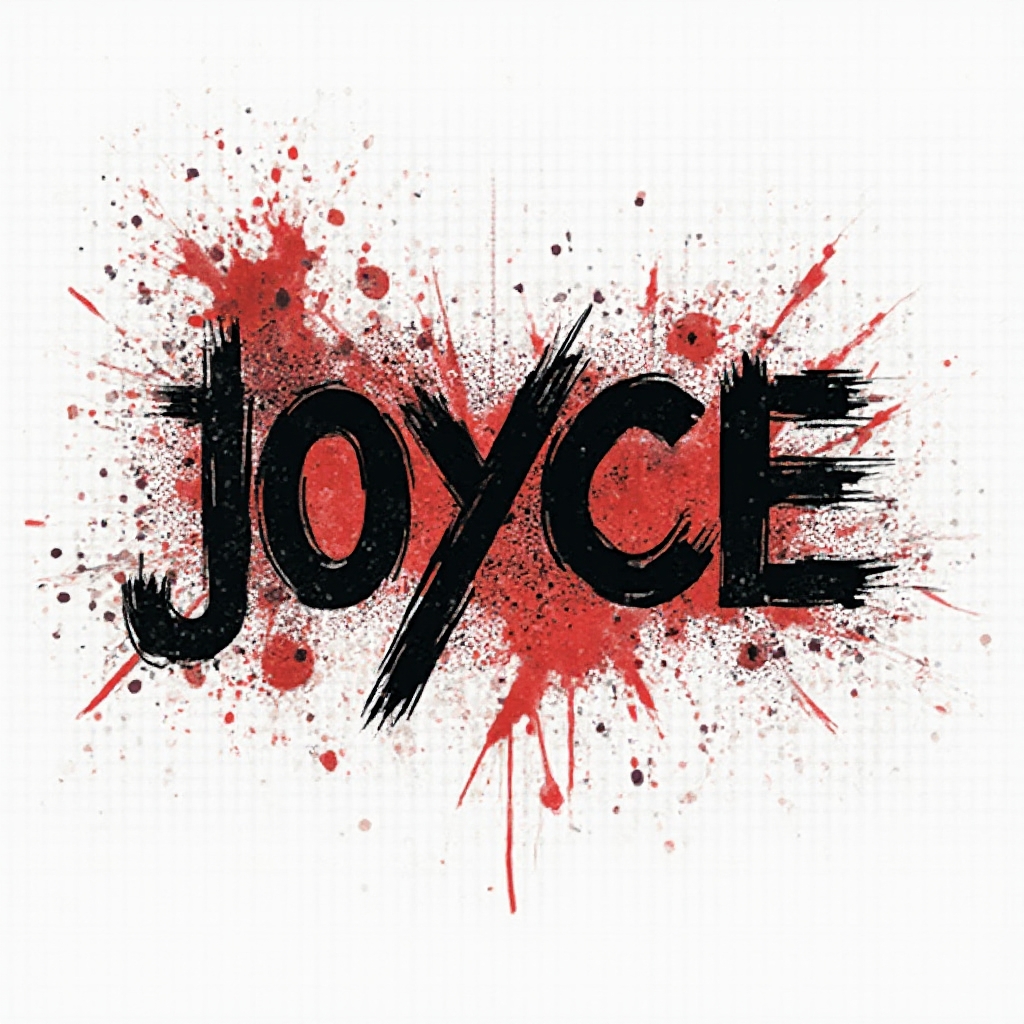 Trash Polka style bold tattoo design of the name joyce with black and red graphic elements on white background