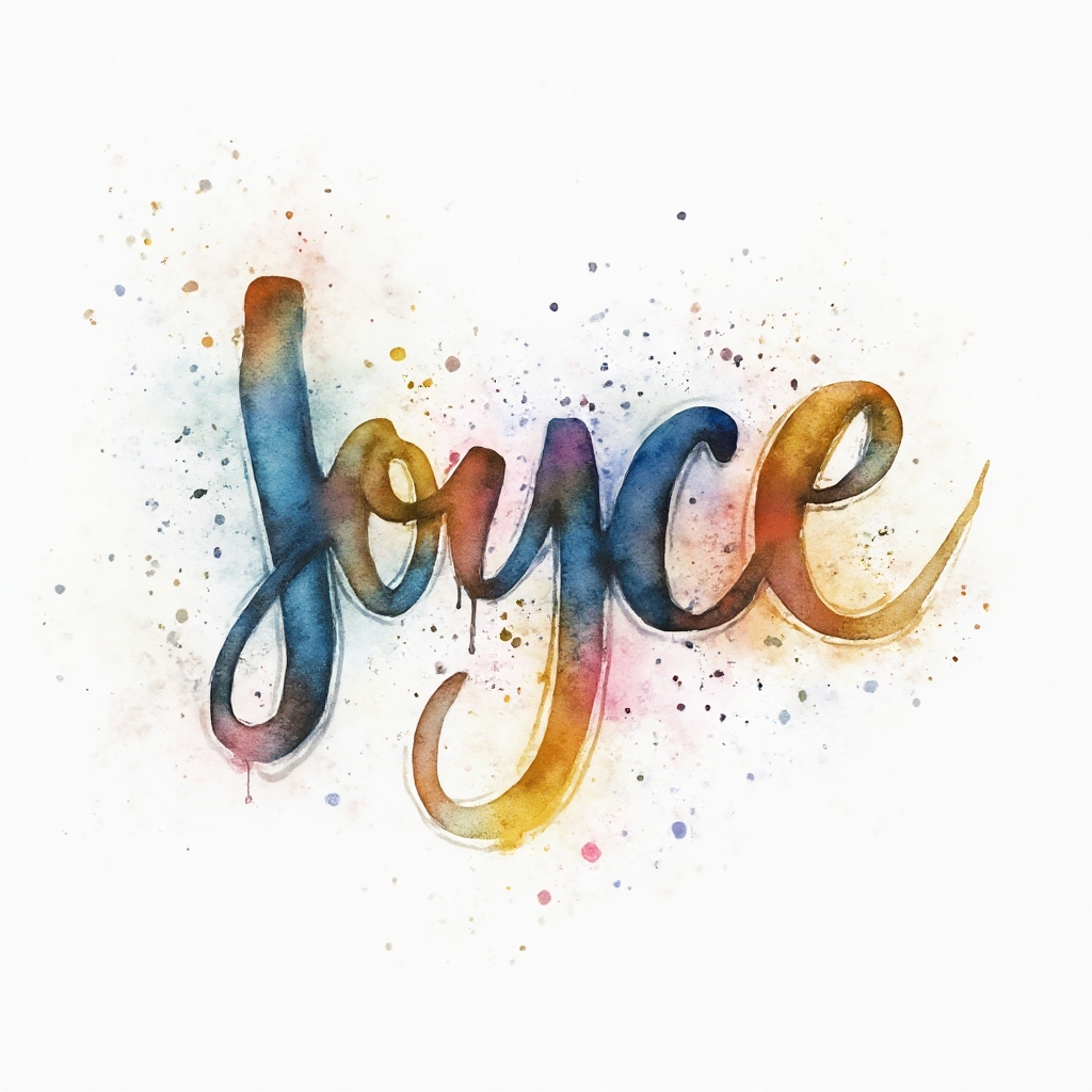 Watercolor splash tattoo design of the name joyce in colorful stylized lettering on white background