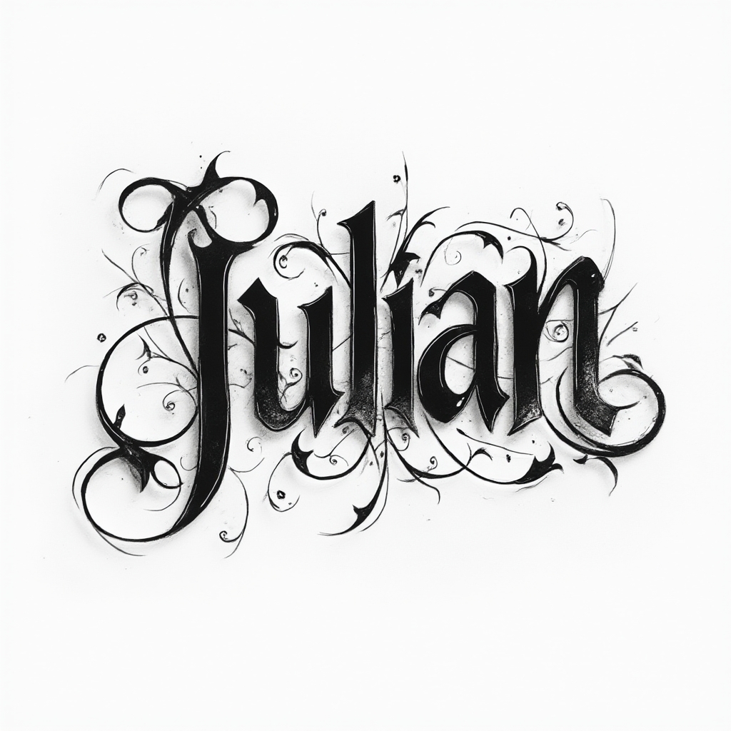 Monochrome ornamental tattoo design where intricate flowing shapes form the name julian on a white background.