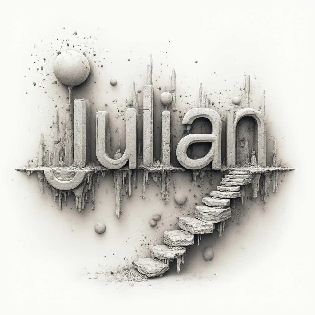 Surreal tattoo design where abstract architectural and liquid shapes form the name julian on a white background.
