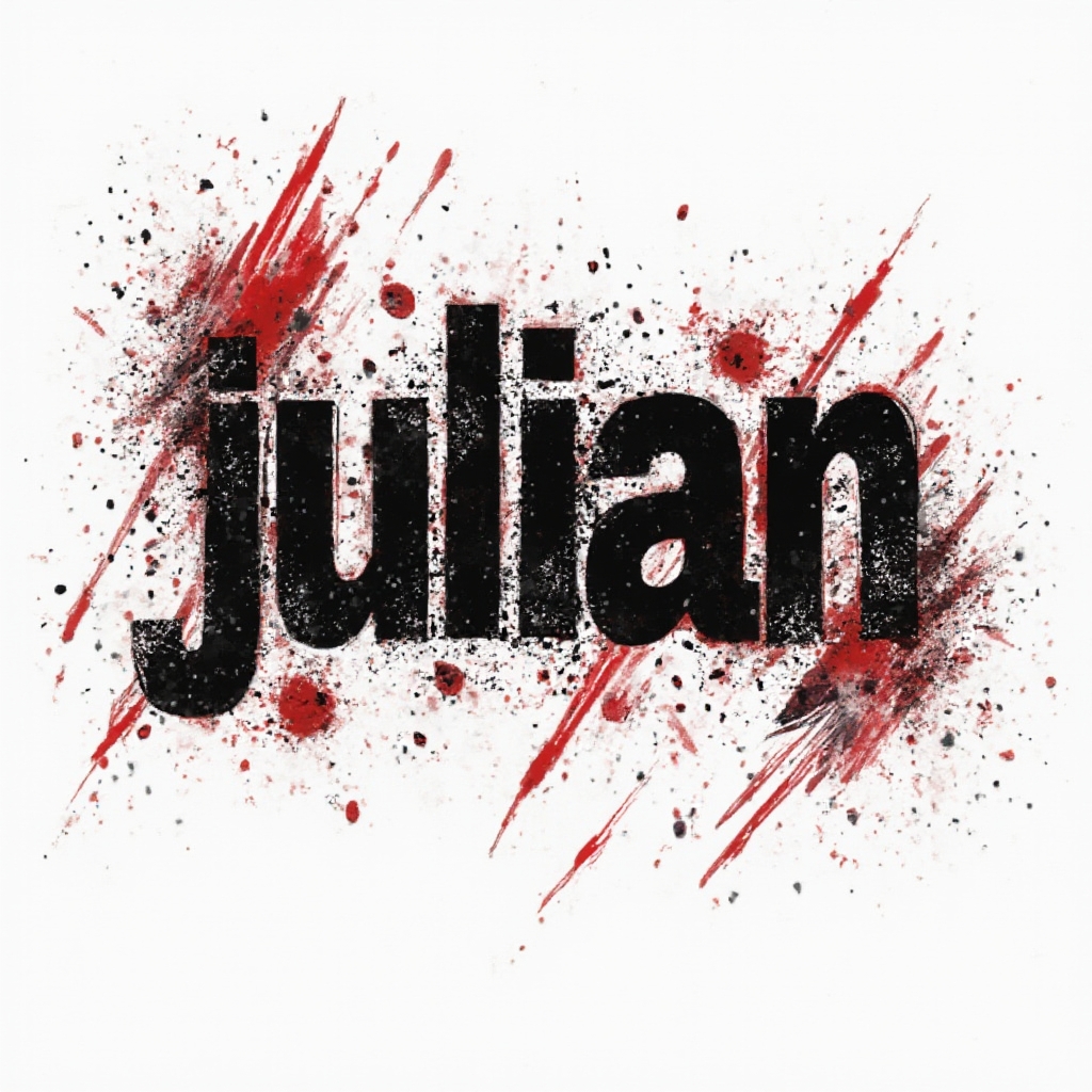 Bold Trash Polka tattoo design with the name julian formed by black strokes and red geometric fragments on a white background.
