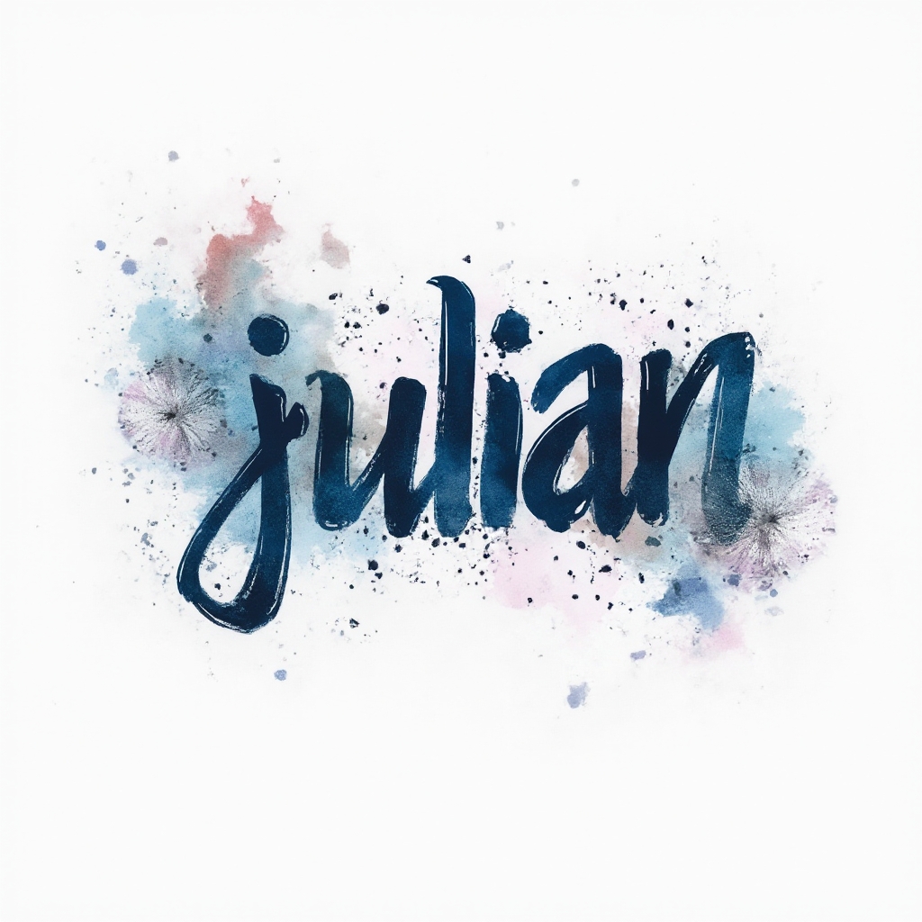 Watercolor tattoo concept where the name julian is formed by flowing colorful brushstroke shapes on a white background.