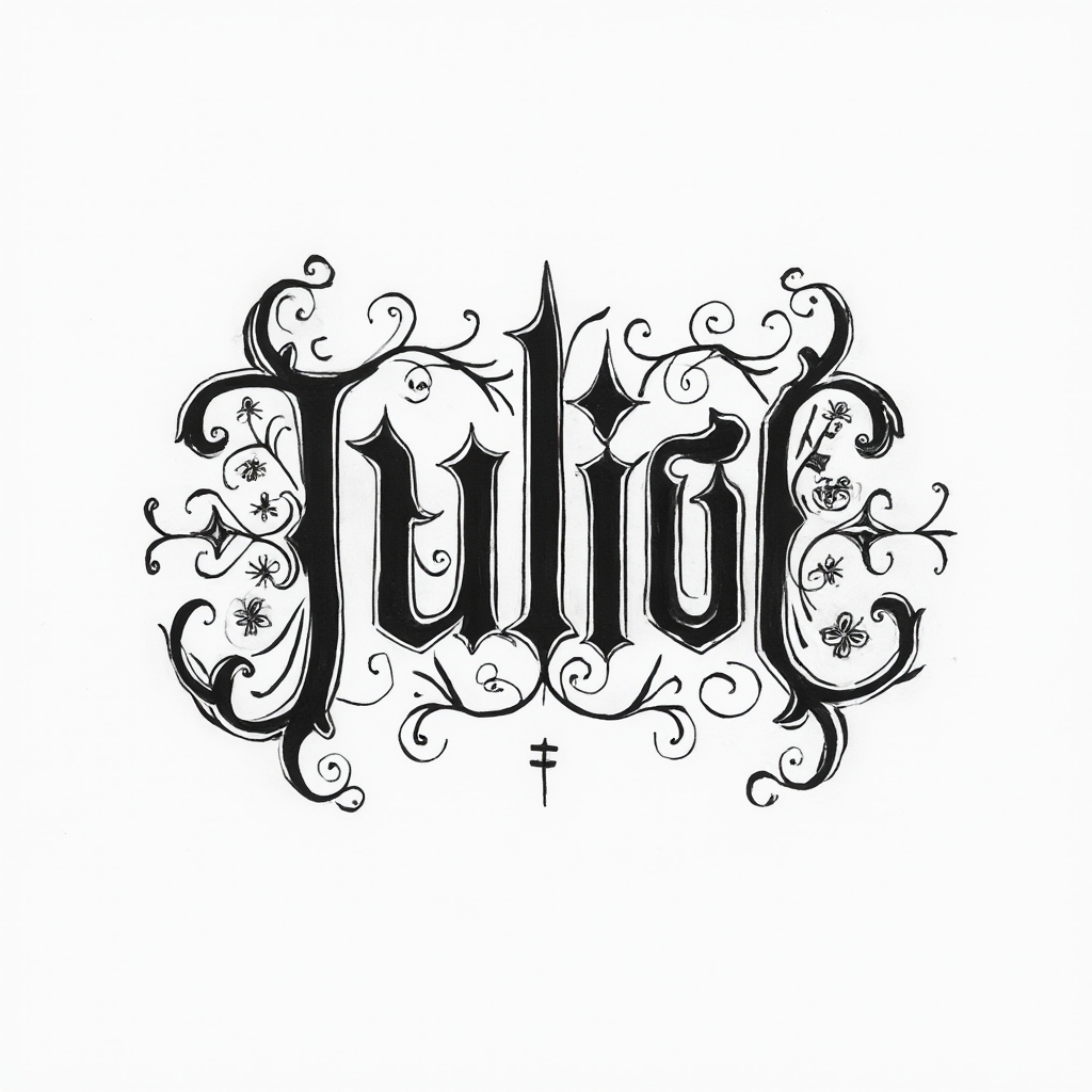 Ornamental black ink tattoo concept turning the name julio into an abstract glyph-like composition on a white background.