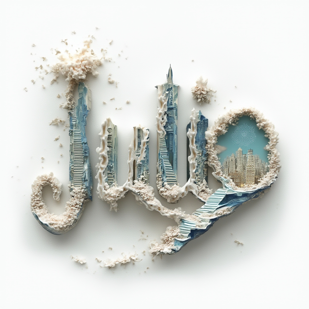 Surreal tattoo concept where the name julio becomes a dreamlike landscape of impossible shapes on a white background.