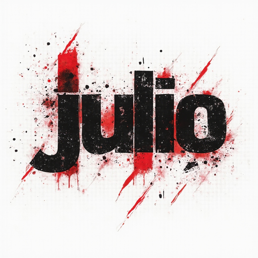 Trash Polka-inspired black and red tattoo concept of the name julio with bold strokes and splatters on a white background.