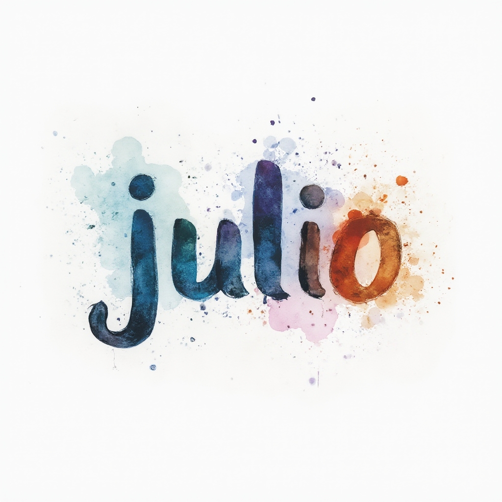 Watercolor-style tattoo concept of the name julio formed from colorful brushstroke lettering on a white background.