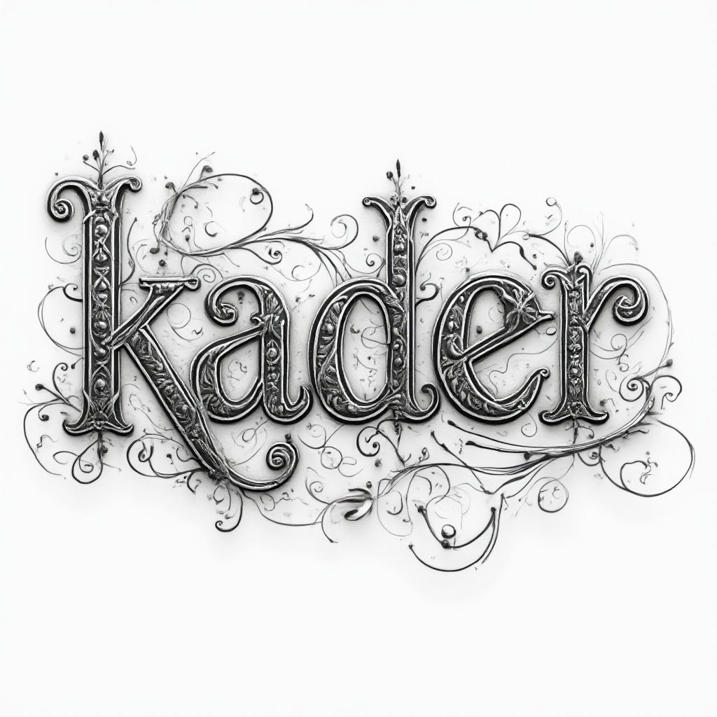 Monochrome ornamental tattoo concept of the name kader in intricate black and gray patterns on white.