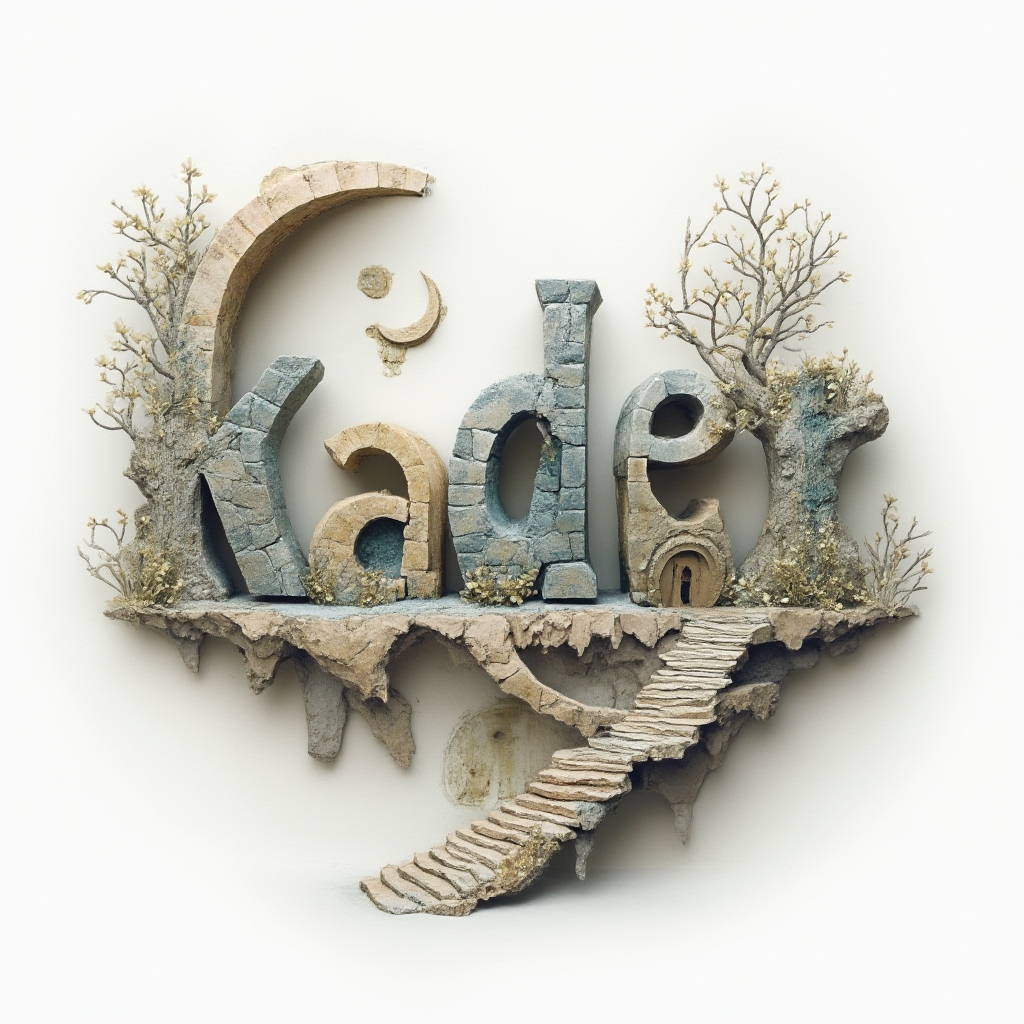 Surreal tattoo concept where the letters of kader become dreamlike objects on a white background.