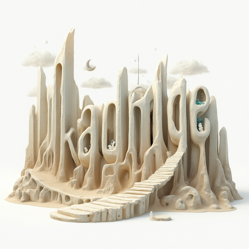 Surreal landscape-style lettering of the name kadriye with melting architectural forms on white