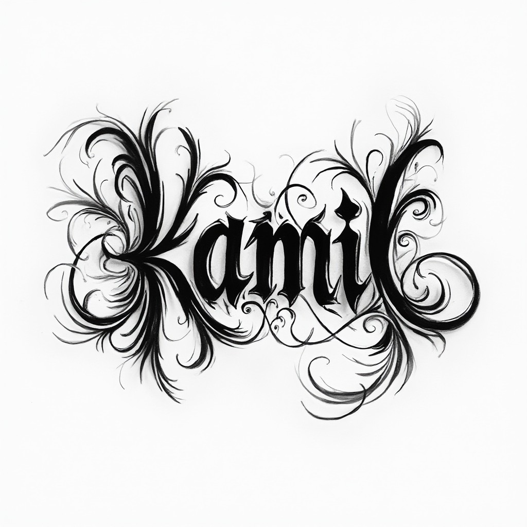 Monochrome abstract flowing line tattoo forming the word kamil on a white background