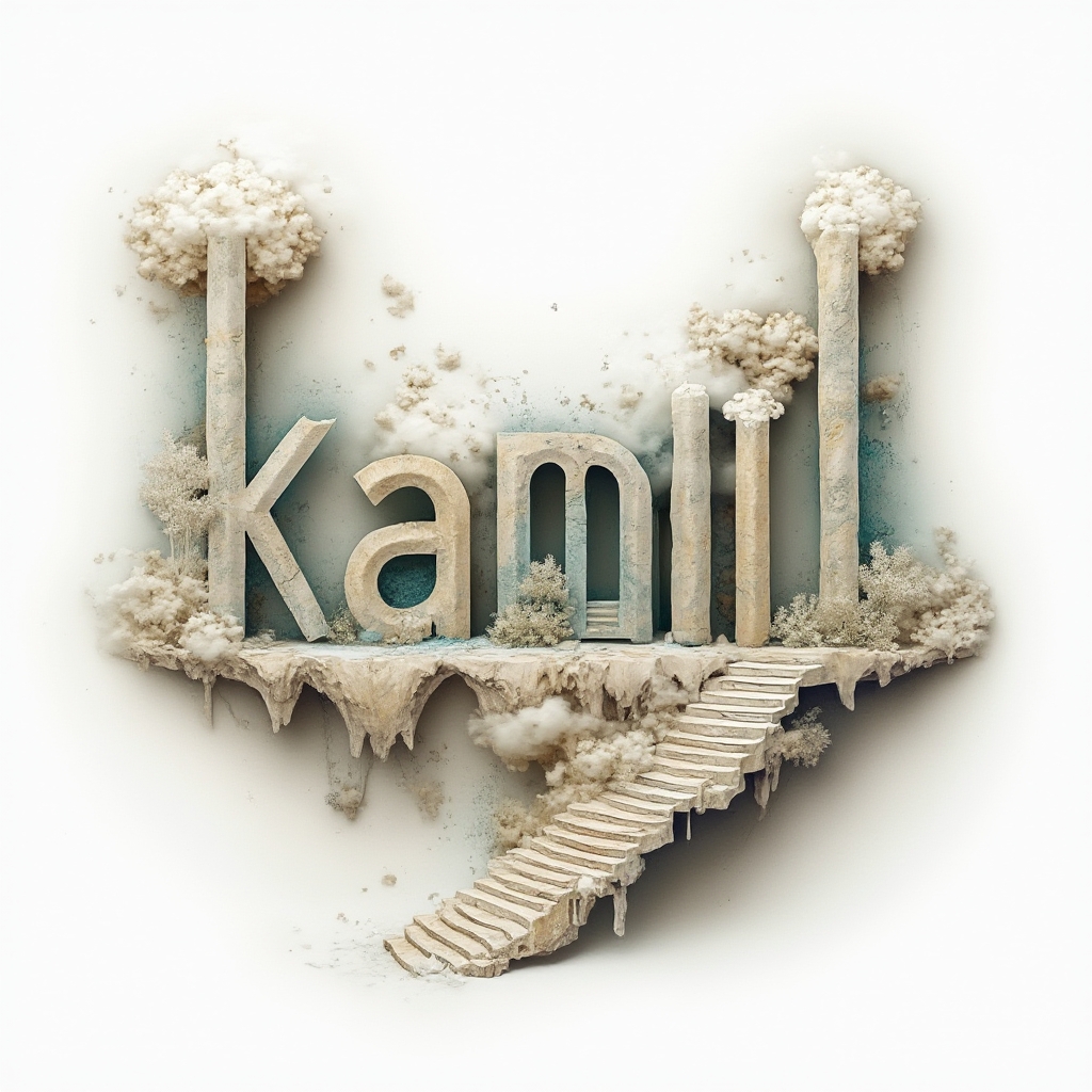 Surreal architectural tattoo concept forming the word kamil from melting columns and stairs on a white background