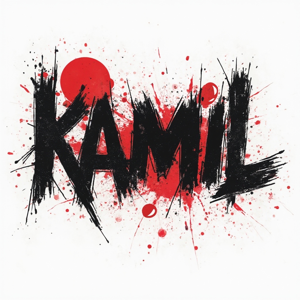 Trash Polka-style name tattoo design forming kamil with black strokes and red splashes on a white background