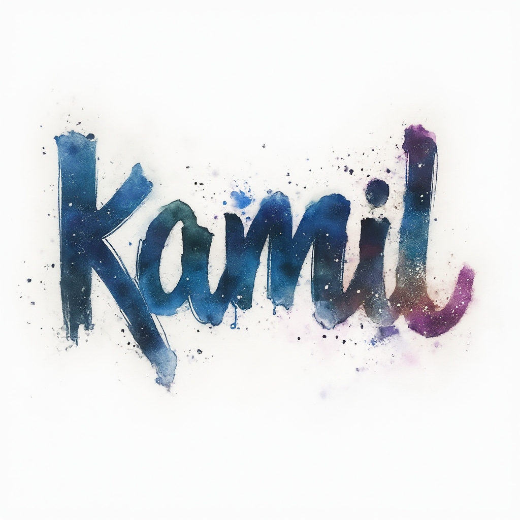 Watercolor galaxy-style name tattoo art forming the word kamil with fluid splashes on a white background