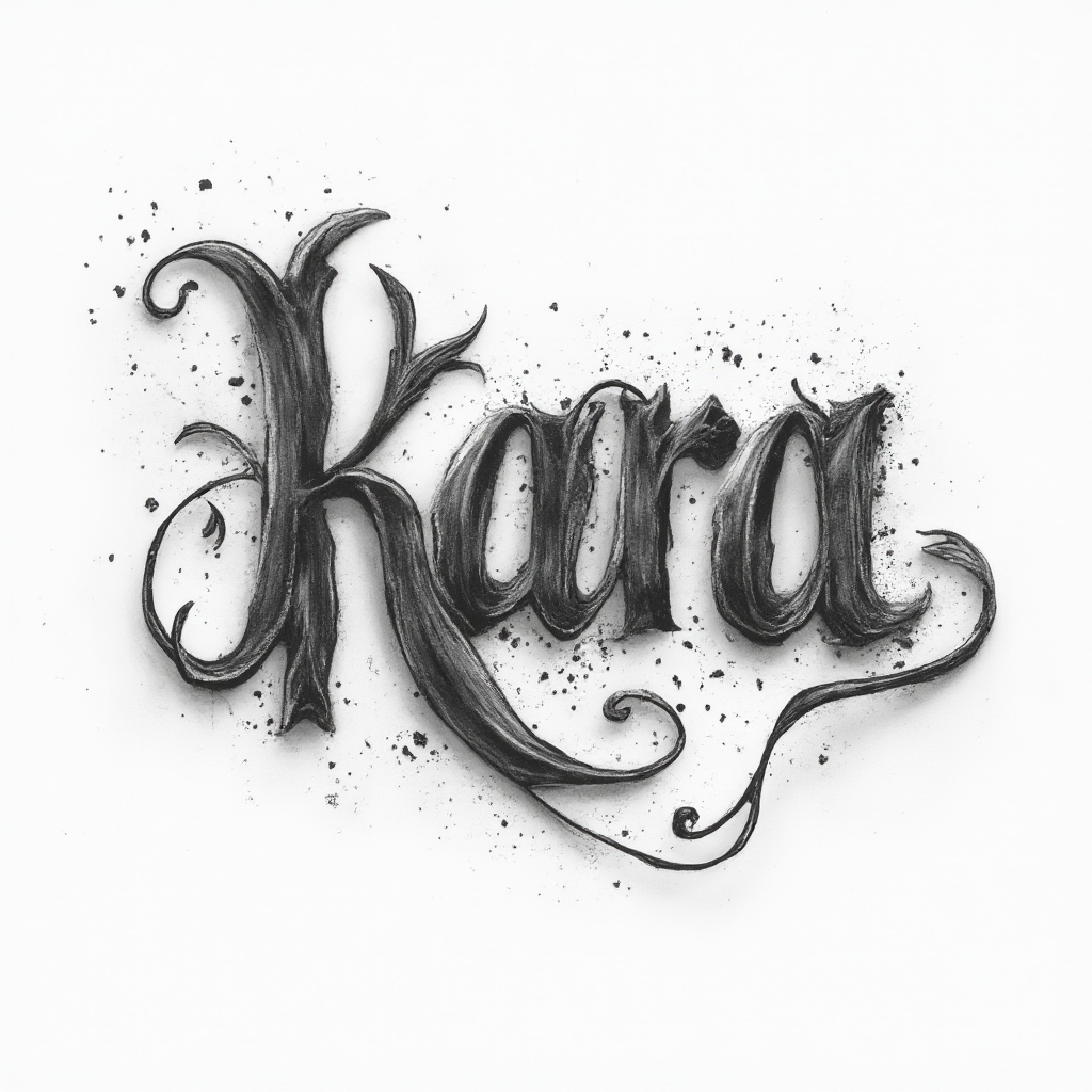Dimensional script tattoo concept where the name kara forms ribbon-like letters with shading on a white background