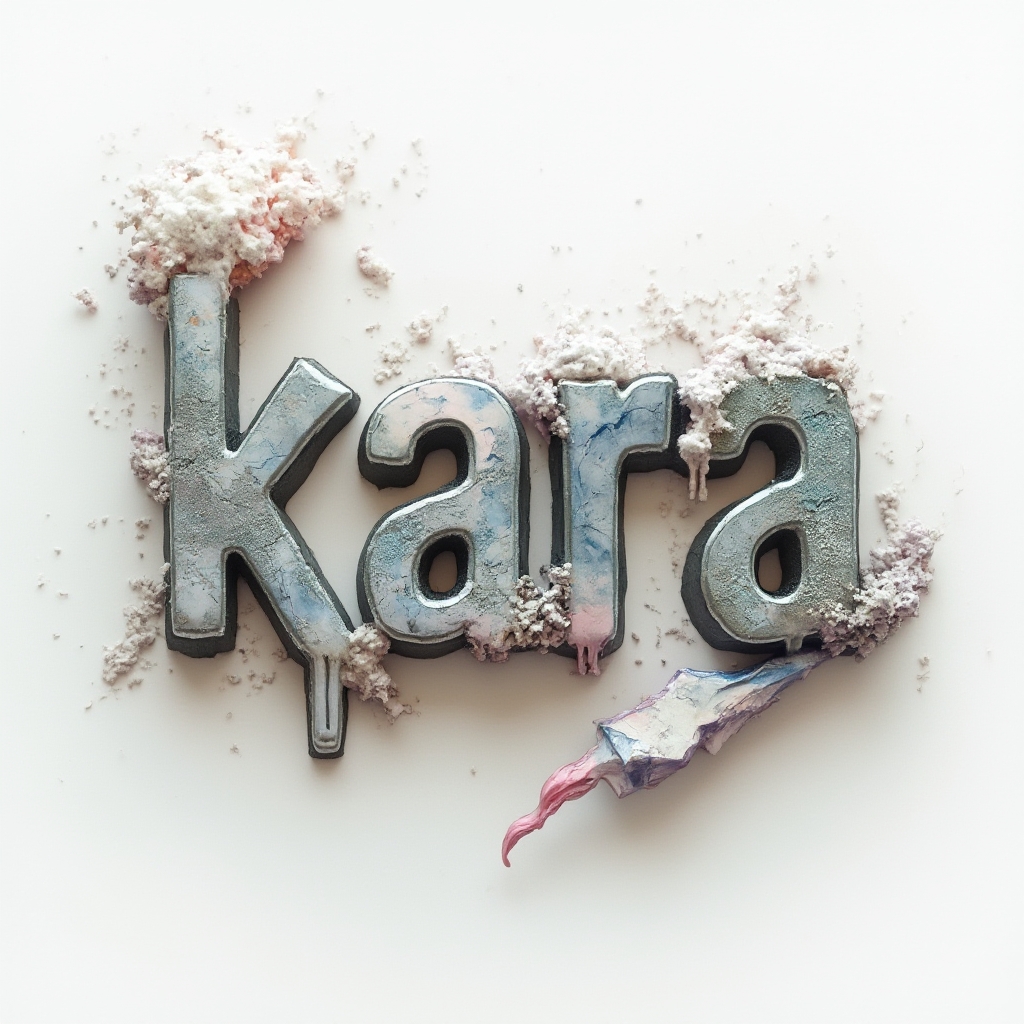 Surreal tattoo design of the name kara formed by floating textured letters in a dreamlike composition on a white background