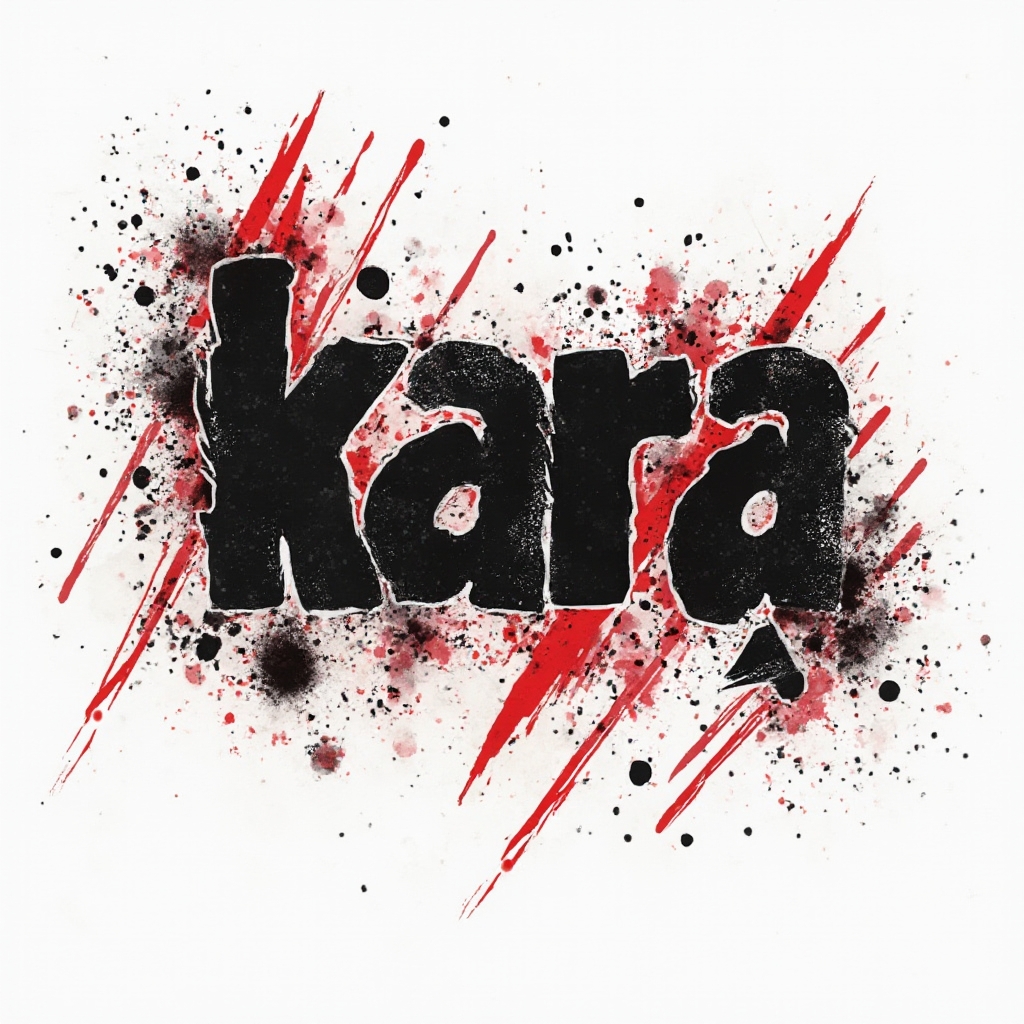 Trash Polka style tattoo design of the name kara with bold black and red abstract elements on a white background
