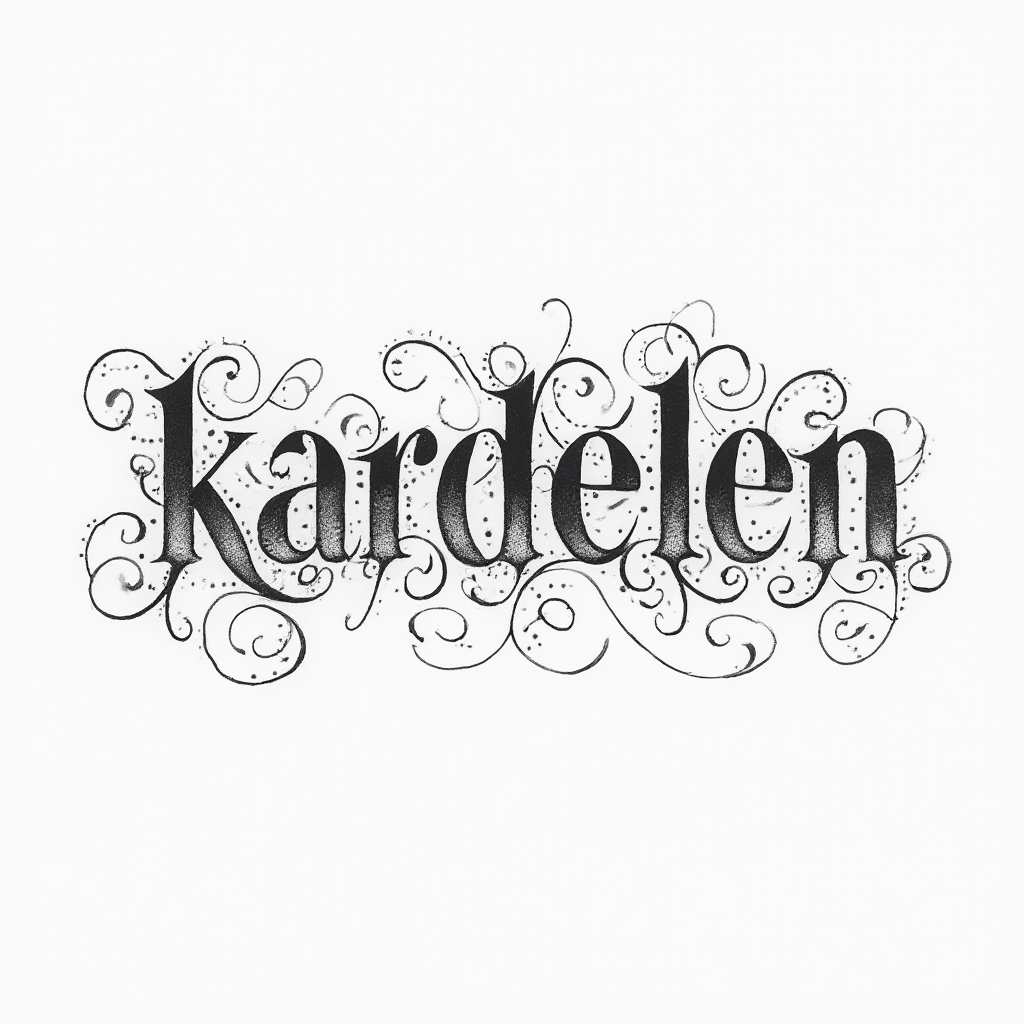 Ornamental fine-line kardelen name tattoo design on white background