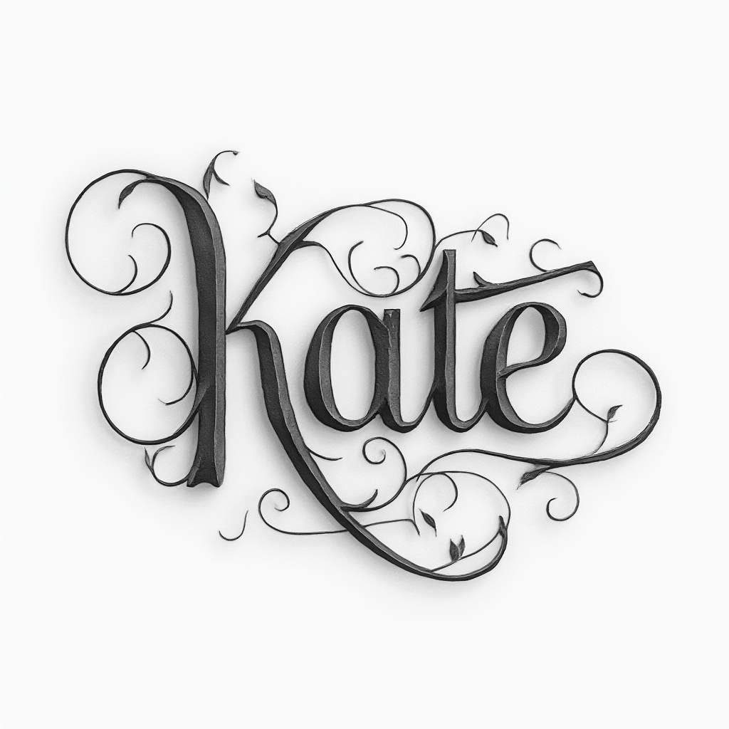 Monochrome dimensional tattoo design where the name kate appears in elegant flowing script on a white background