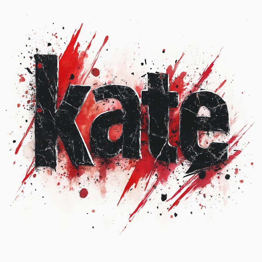 Trash Polka tattoo concept where the name kate is built from distressed black and red lettering on a white background