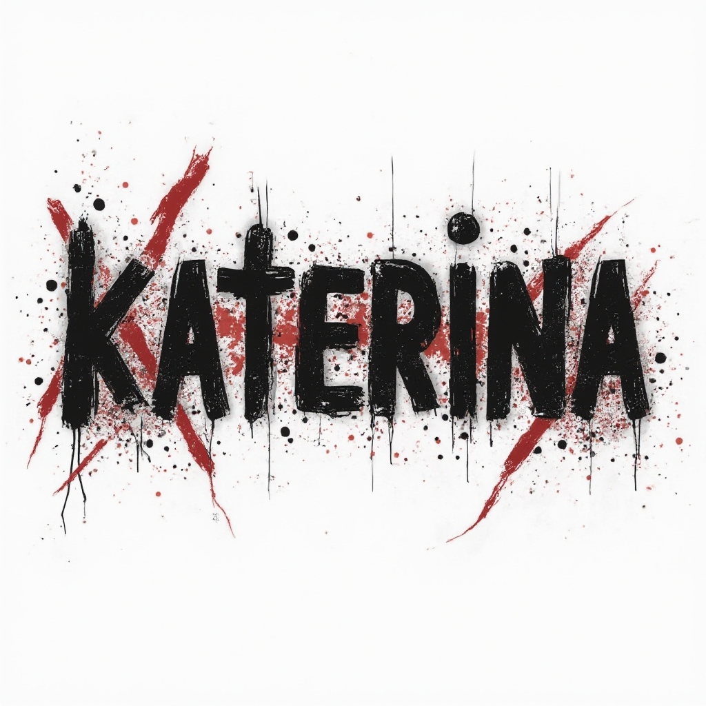 Trash Polka-style bold black and red lettering of the name katerina on a white background