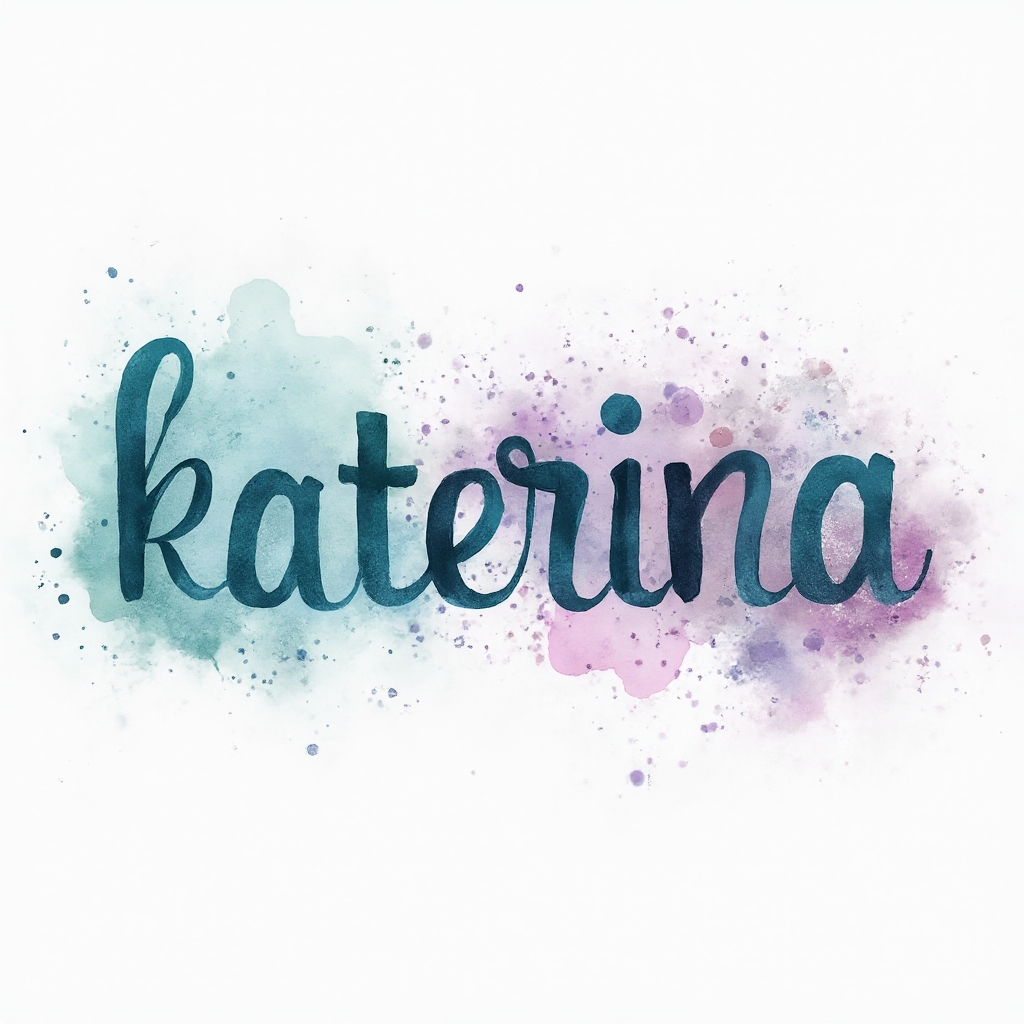Watercolor-style artistic lettering of the name katerina with colorful paint splashes on a white background