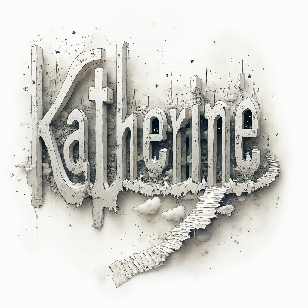 Surreal tattoo concept where the name katherine becomes a floating, dreamlike structure with impossible shapes on a white background.