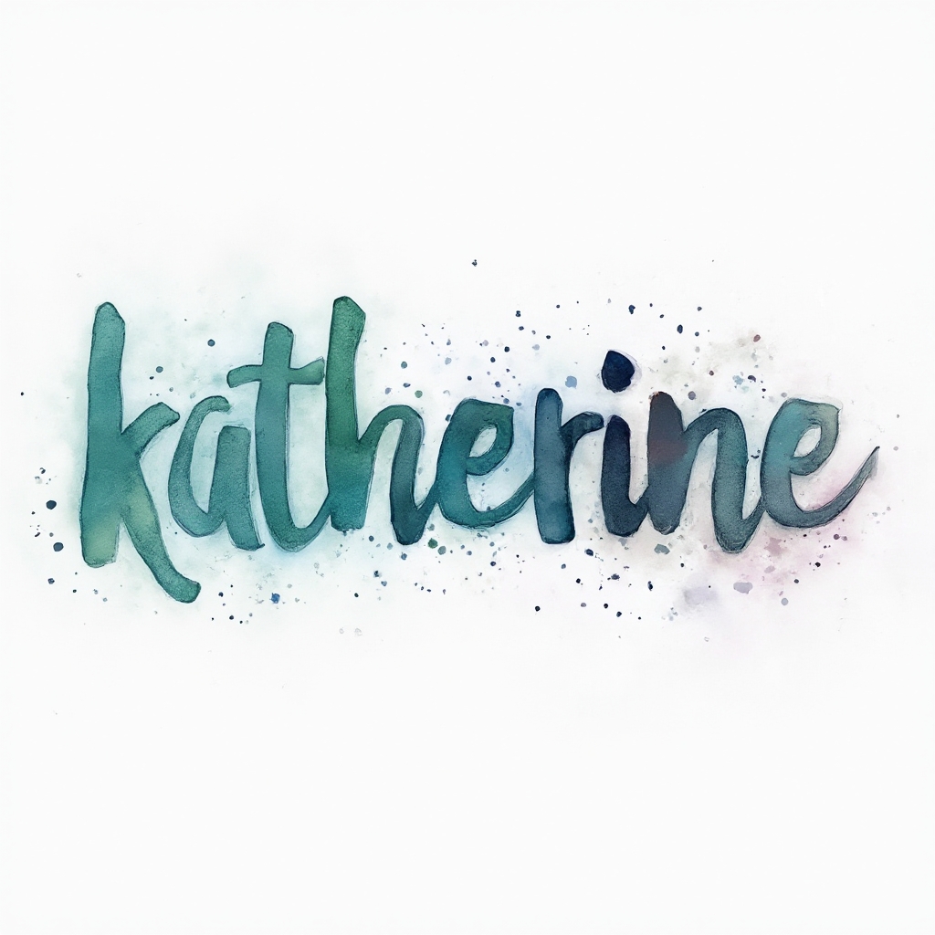 Watercolor tattoo concept where the name katherine is formed with flowing multicolor brushstroke lettering on a white background.