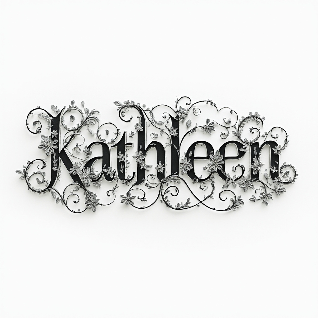 Highly ornamental black and gray tattoo concept with the name kathleen made of intricate filigree lettering on a white background