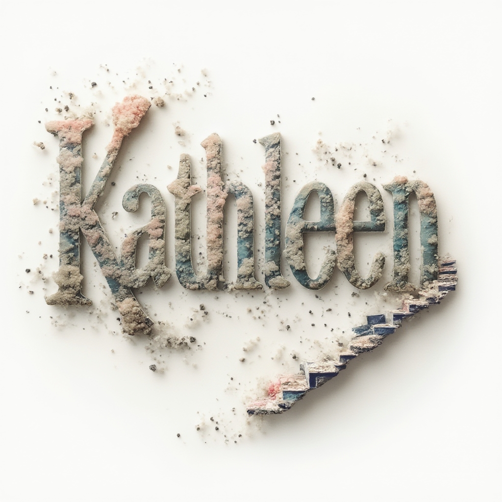 Surrealist tattoo concept with the name kathleen formed from dreamlike morphing objects on a white background