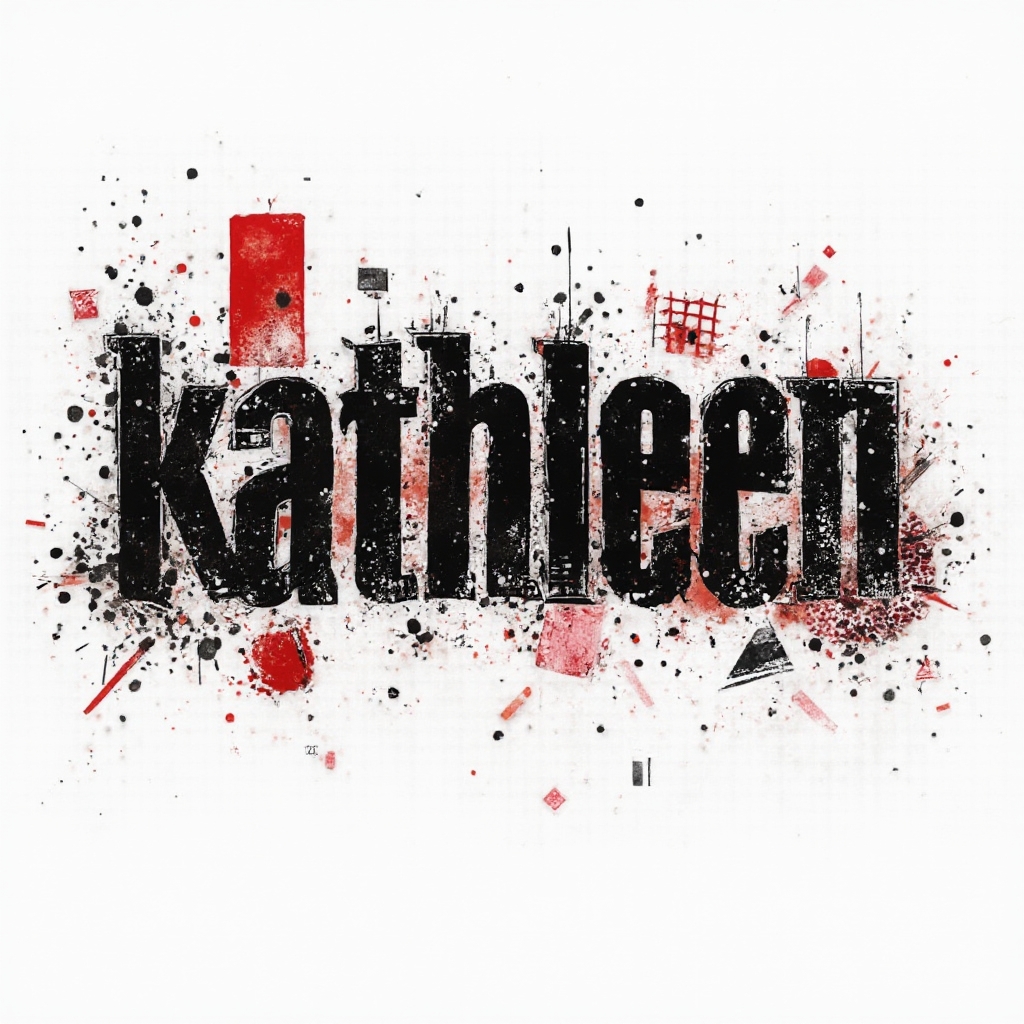 Trash Polka tattoo concept of the name kathleen with bold black strokes and red geometric accents on a white background