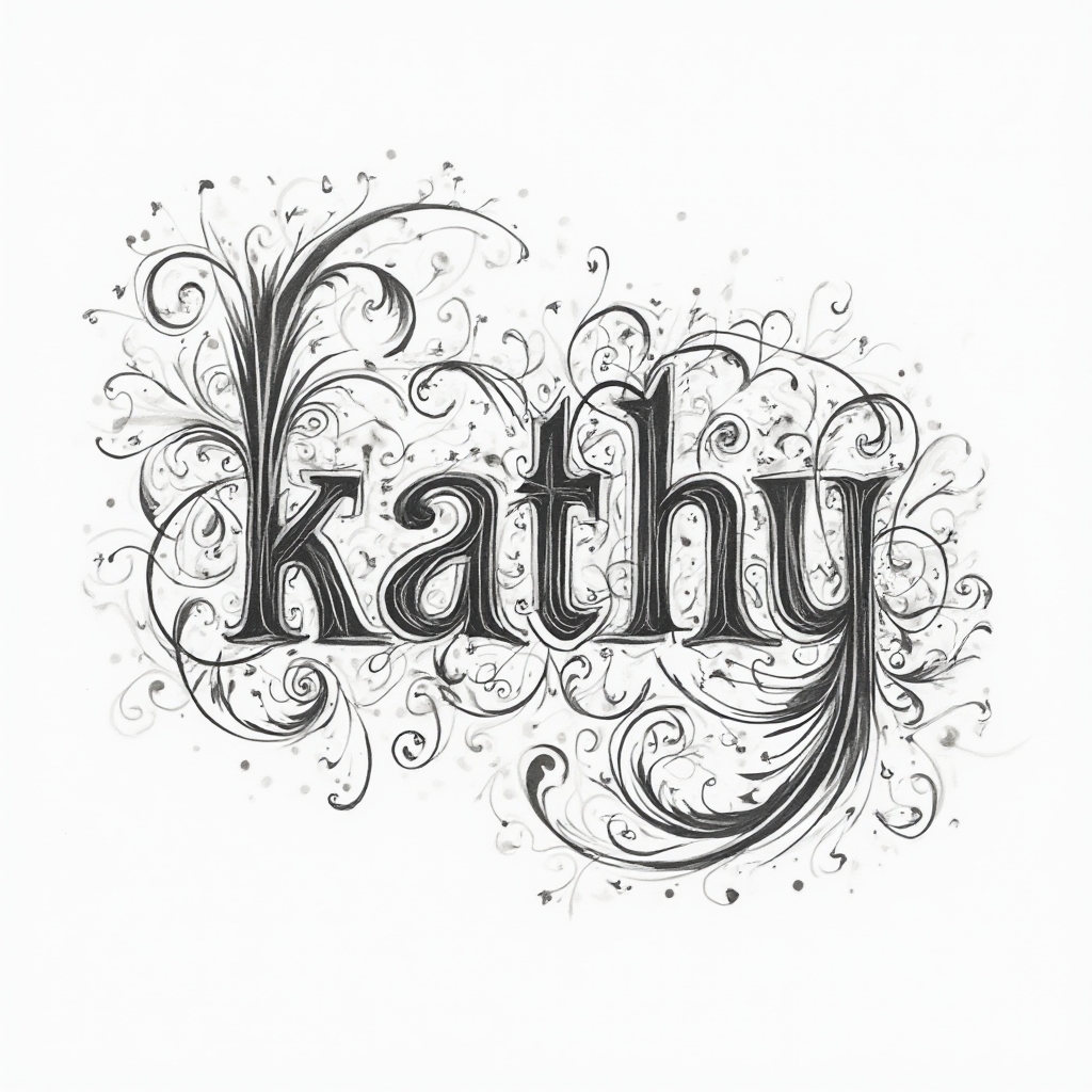 Ornamental linework tattoo concept where the name kathy is formed from elegant flourishes on a white background