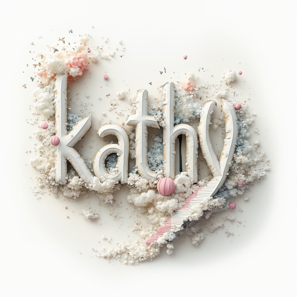 Surrealist dreamscape tattoo concept where the name kathy is built from floating, impossible structures on a white background