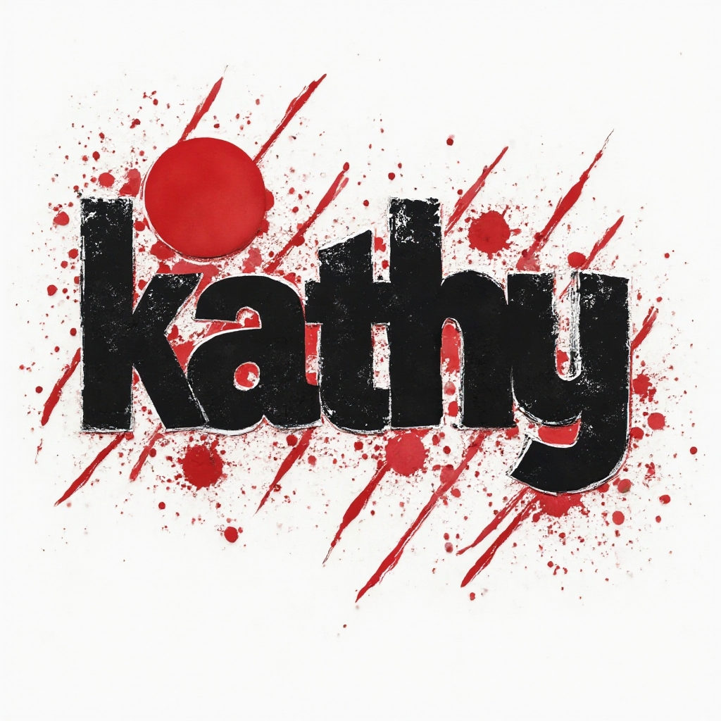 Trash Polka tattoo concept where the name kathy is built from bold black shapes and red splashes on a white background