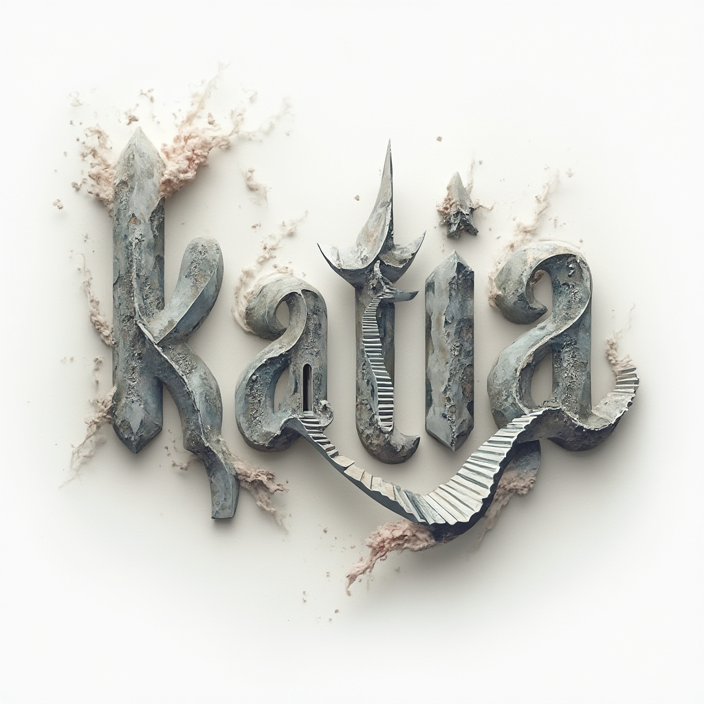 Surrealist tattoo concept where the name katia becomes melting, floating ribbon-like letters with impossible stairways on a white background.
