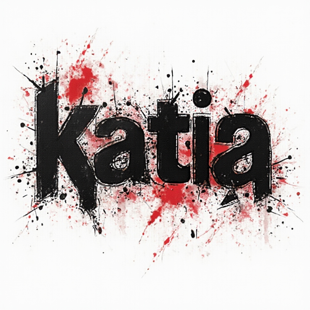 Trash Polka style tattoo concept where the name katia appears in bold black brush letters with red splashes and geometric shapes on a white background.