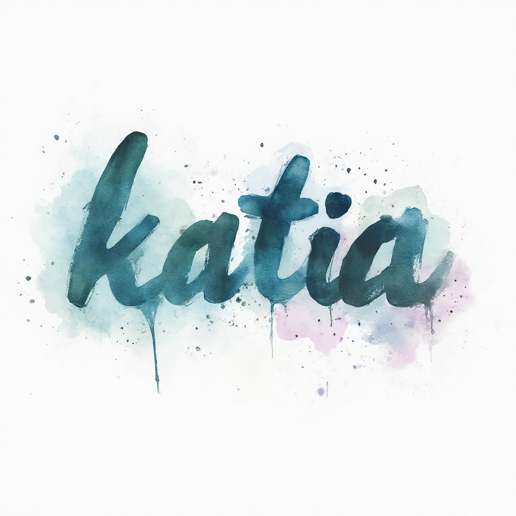 Watercolor tattoo concept where the name katia is formed from flowing blue and magenta watercolor strokes on a white background.