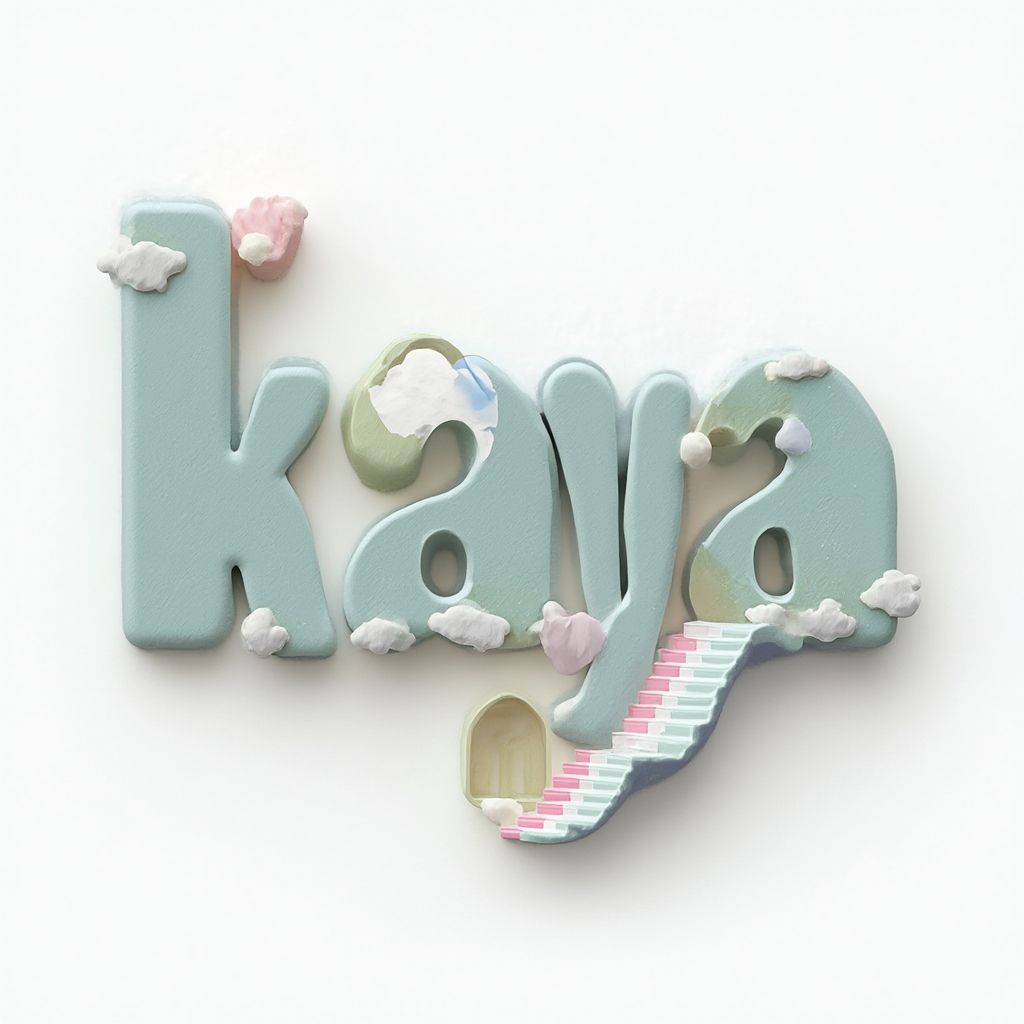 Surreal three-dimensional lettering of the name kaya forming impossible dreamlike structures on a white background.