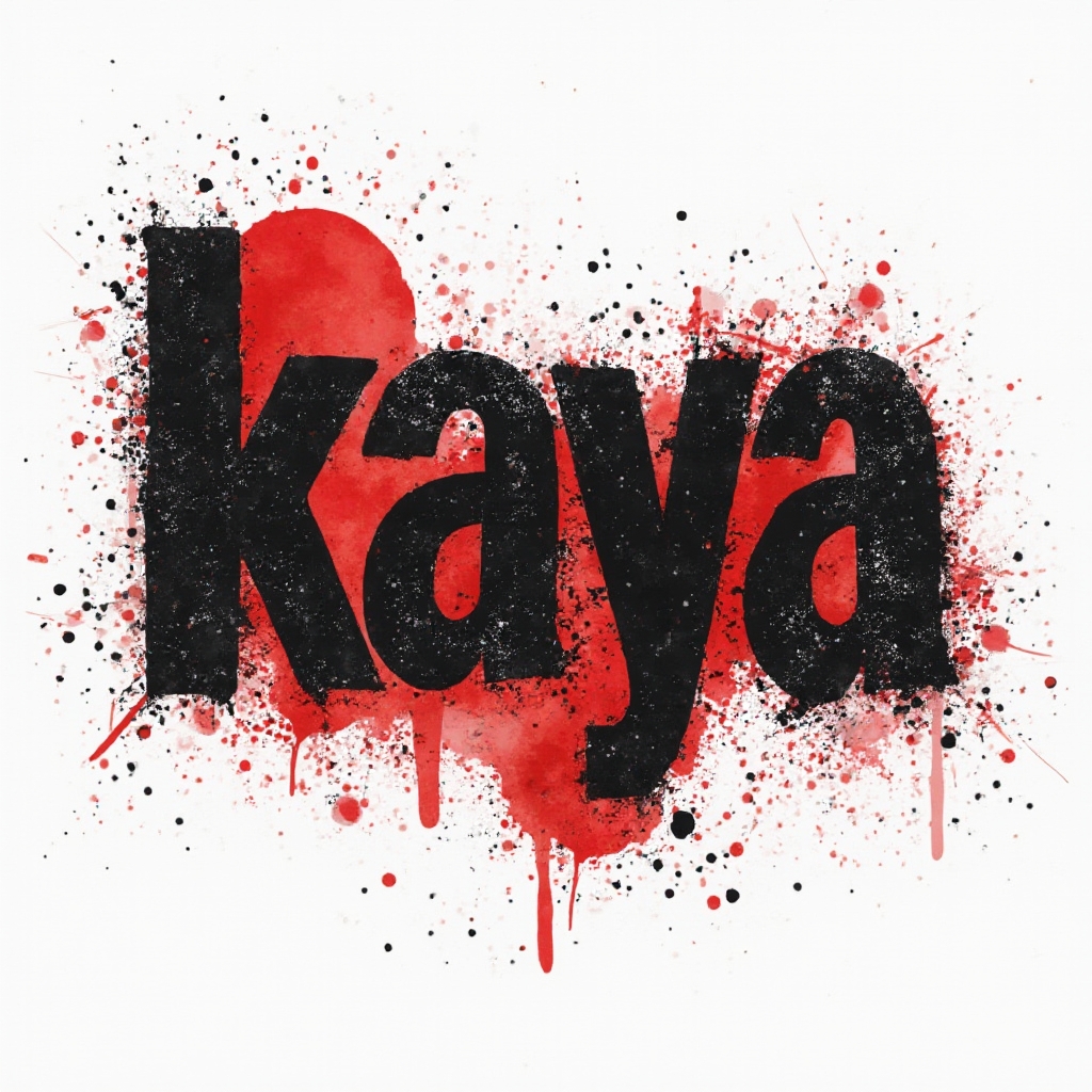 Bold black-and-red Trash Polka style lettering of the name kaya with splatters and grunge textures on a white background.