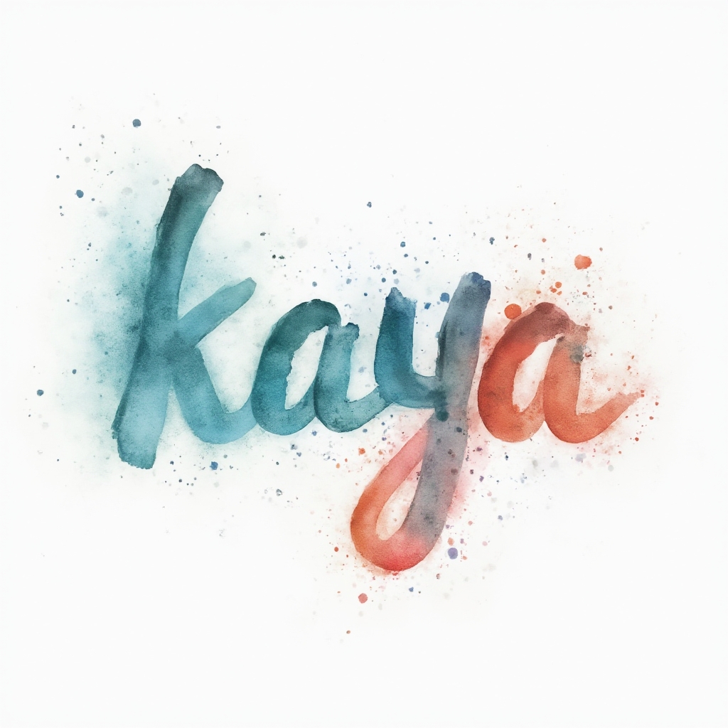 Watercolor-style artistic lettering of the name kaya in flowing colorful washes on a white background.