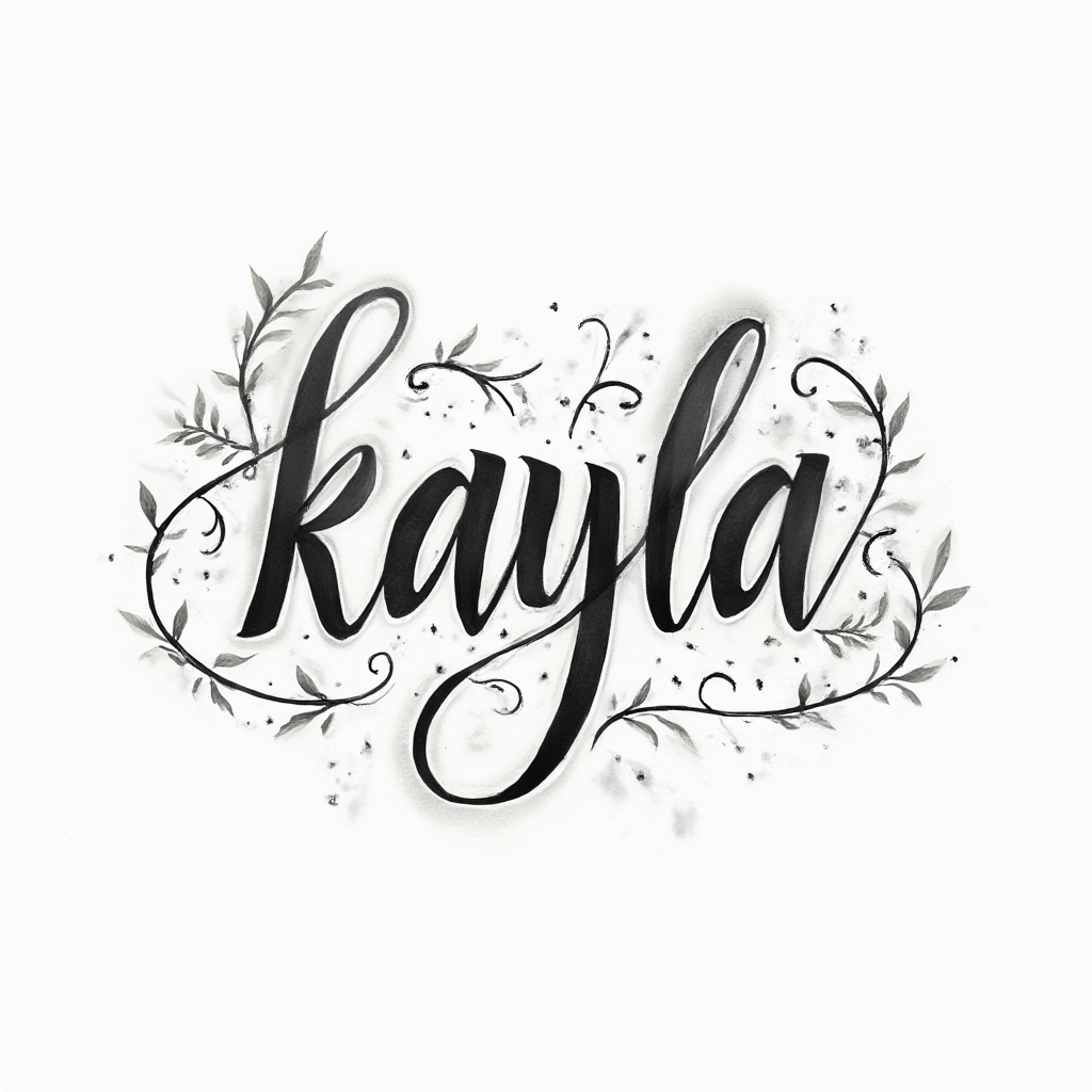 Ethereal ornamental black ink tattoo concept of the name kayla in elegant flowing script on a white background